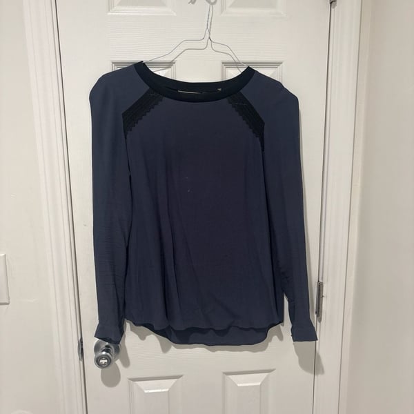 Anthropologie Meadow Rue Navy Blue Lace Trim Long Sleeve Blouse