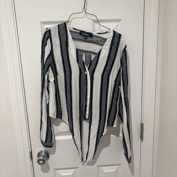 Lulus Stripe the Scene Navy Blue and White Striped Tie-Front Long Sleeve Top
