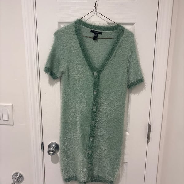Forever 21 Sage Green Fuzzy Knit Button-Down Short Sleeve Mini Dress