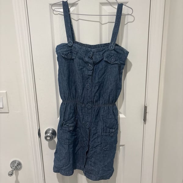 Vintage Style Button-Front Denim Pinafore Overall Dress with Elastic Waist and Pockets