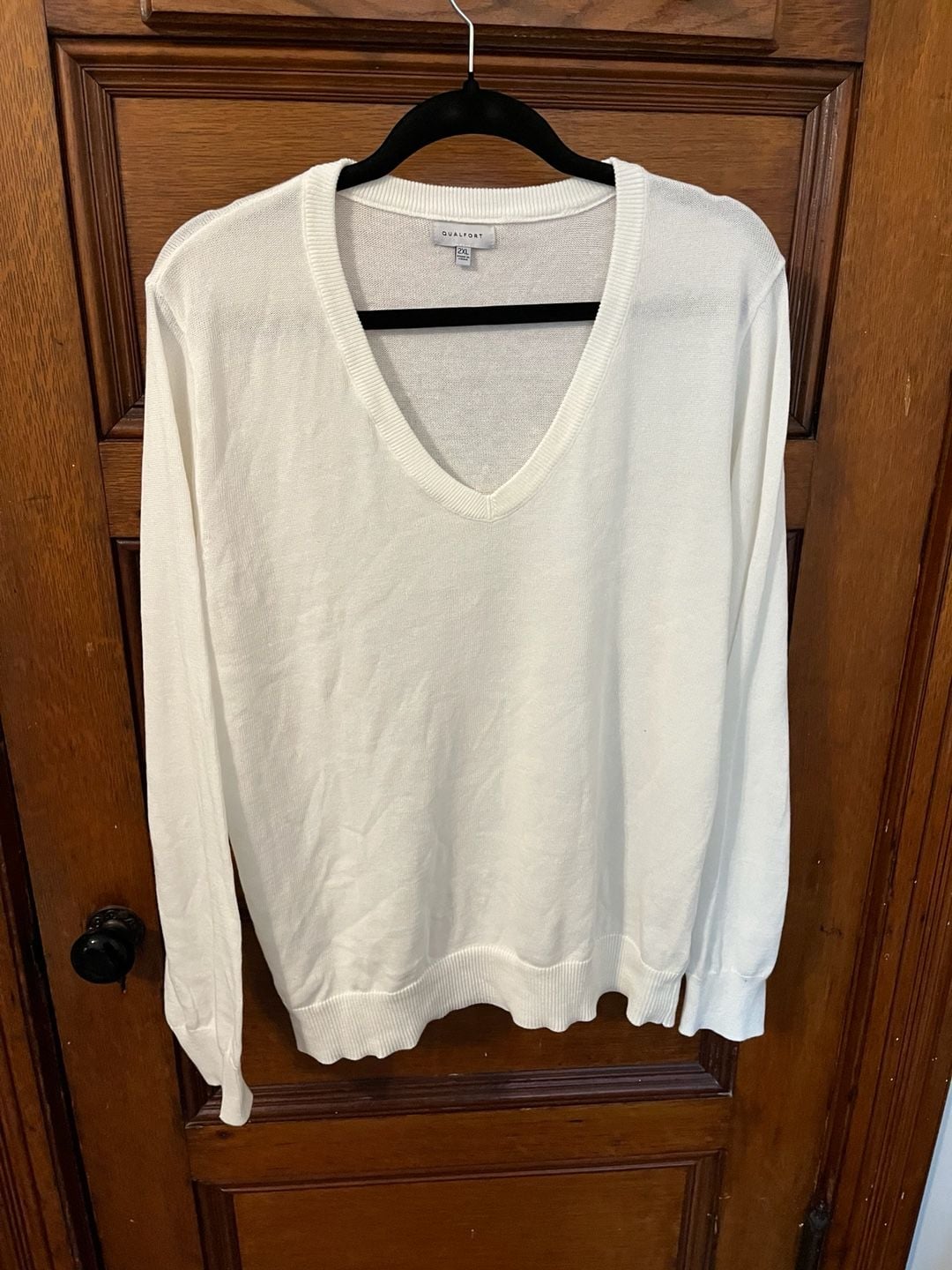 QUALFORT Men's Cotton V-Neck Sweater White 2XL 2