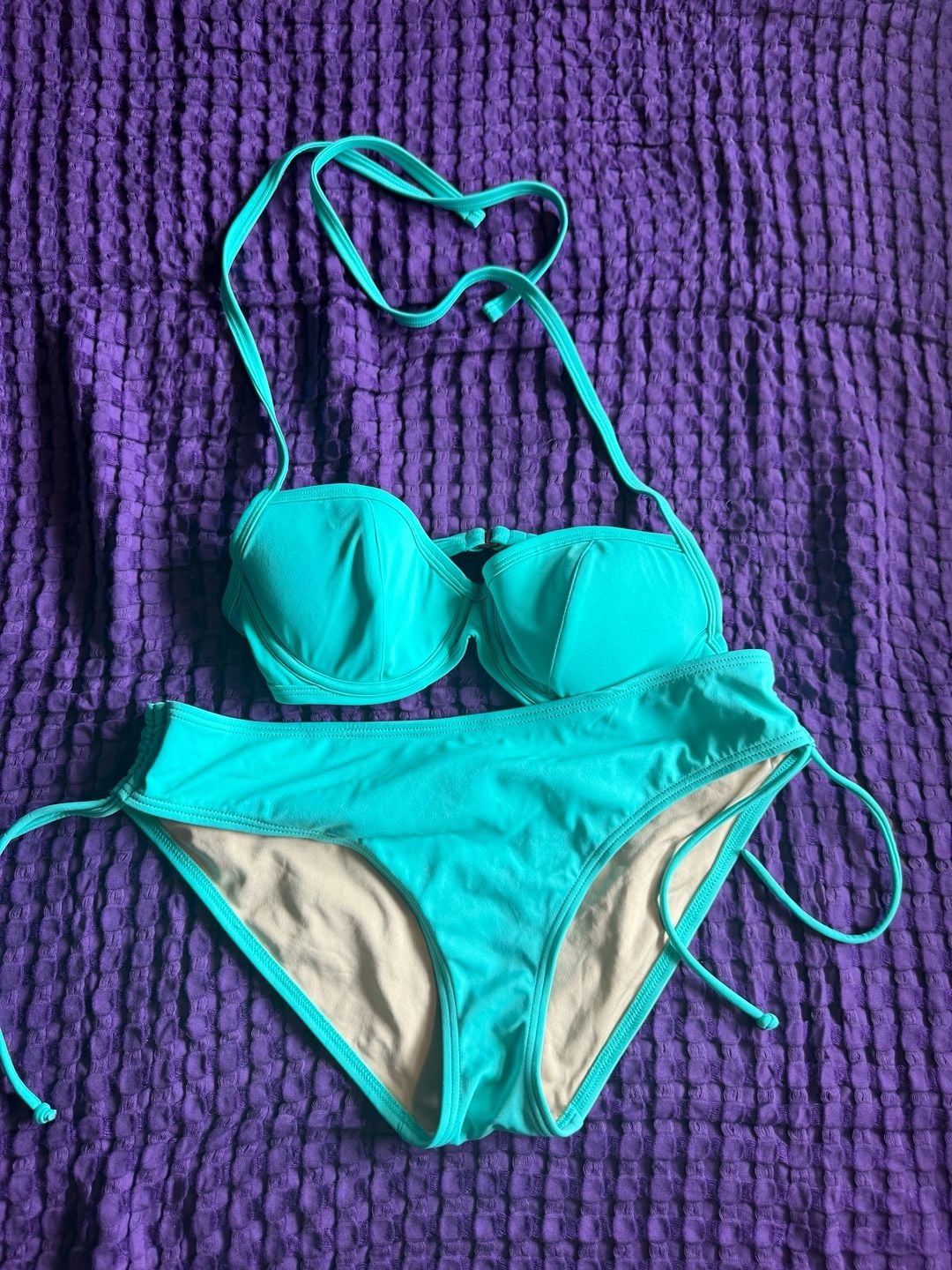 2000s Victoria's Secret Aqua Balconette Bikini Set with Side-Tie Ruching 1