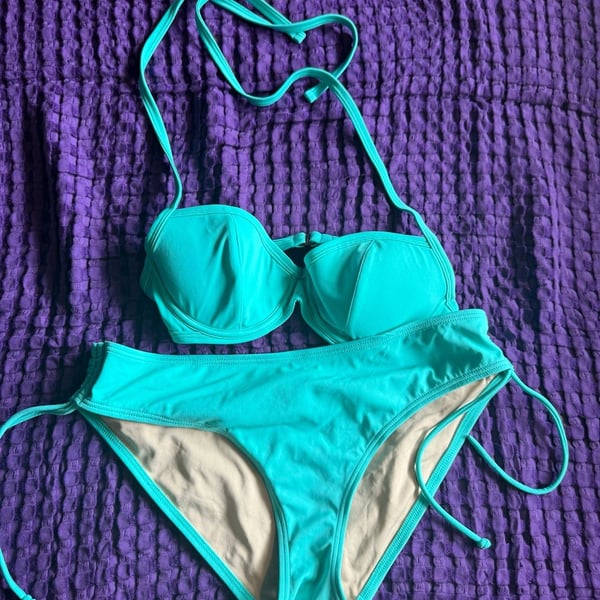 2000s Victoria's Secret Aqua Balconette Bikini Set with Side-Tie Ruching