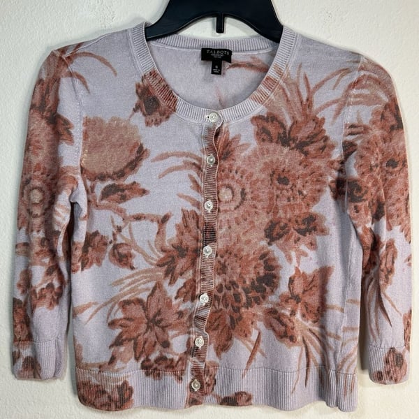 Talbots Petites Floral Print Button-Front Cardigan Sweater