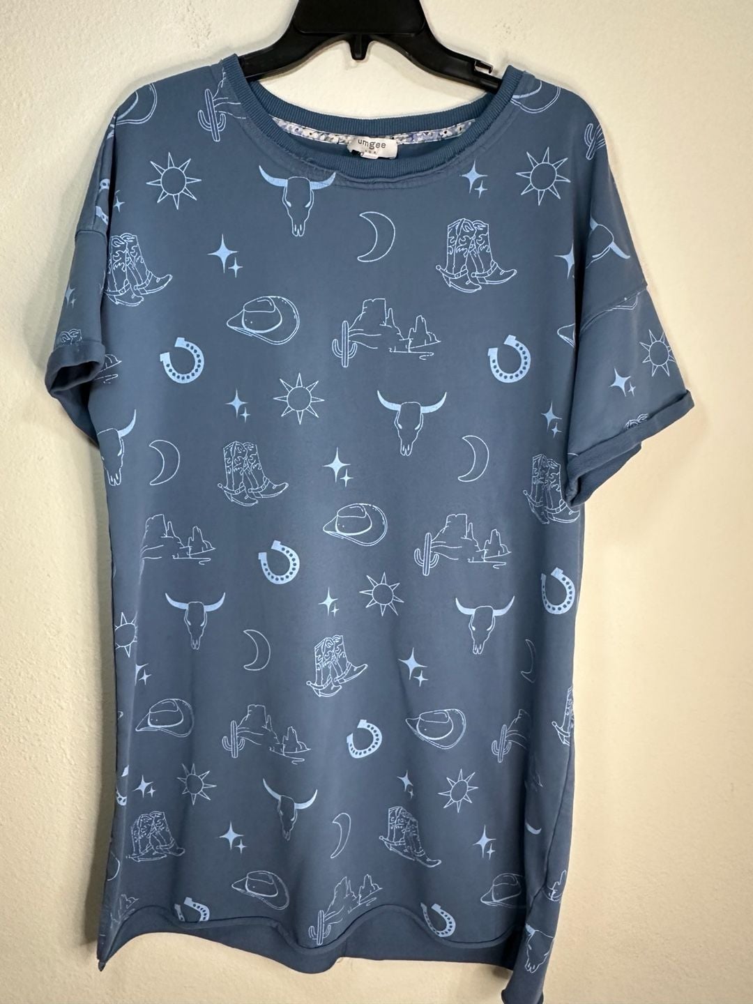 Umgee Blue Western Print Oversized Short Sleeve Sweatshirt Top 2
