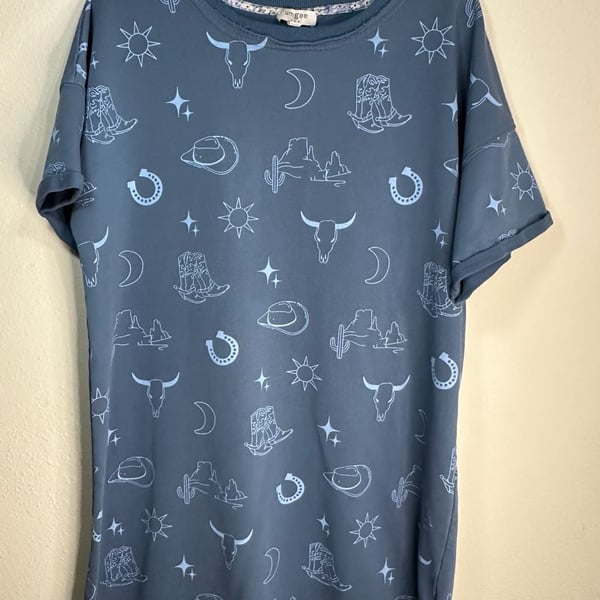 Umgee Blue Western Print Oversized Short Sleeve Sweatshirt Top