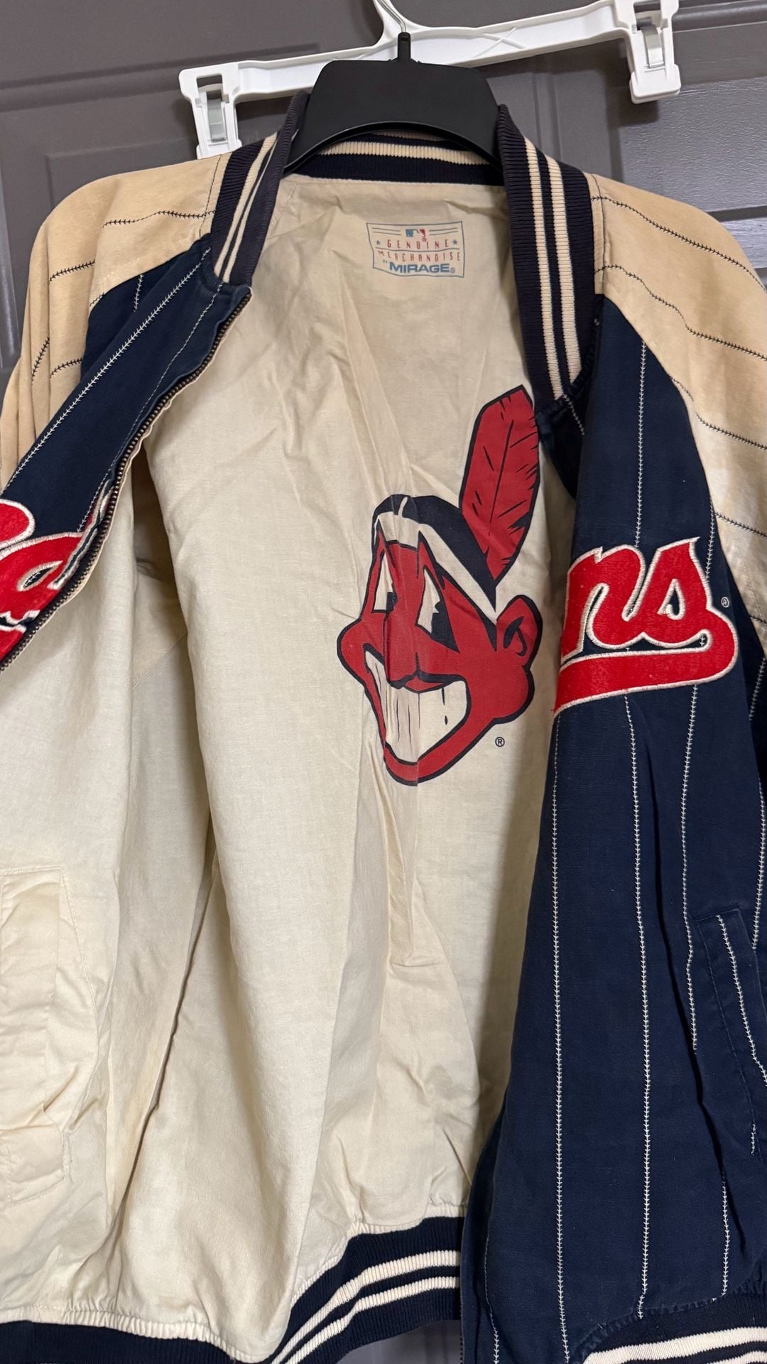 Vintage Mirage MLB Cleveland Indians Chief Wahoo Pinstripe Bomber Jacket 3