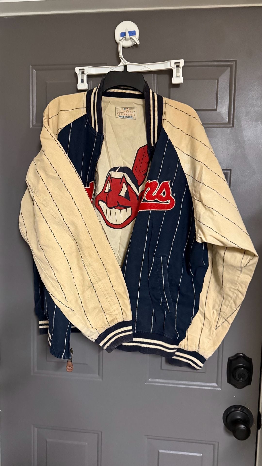 Vintage Mirage MLB Cleveland Indians Chief Wahoo Pinstripe Bomber Jacket 4