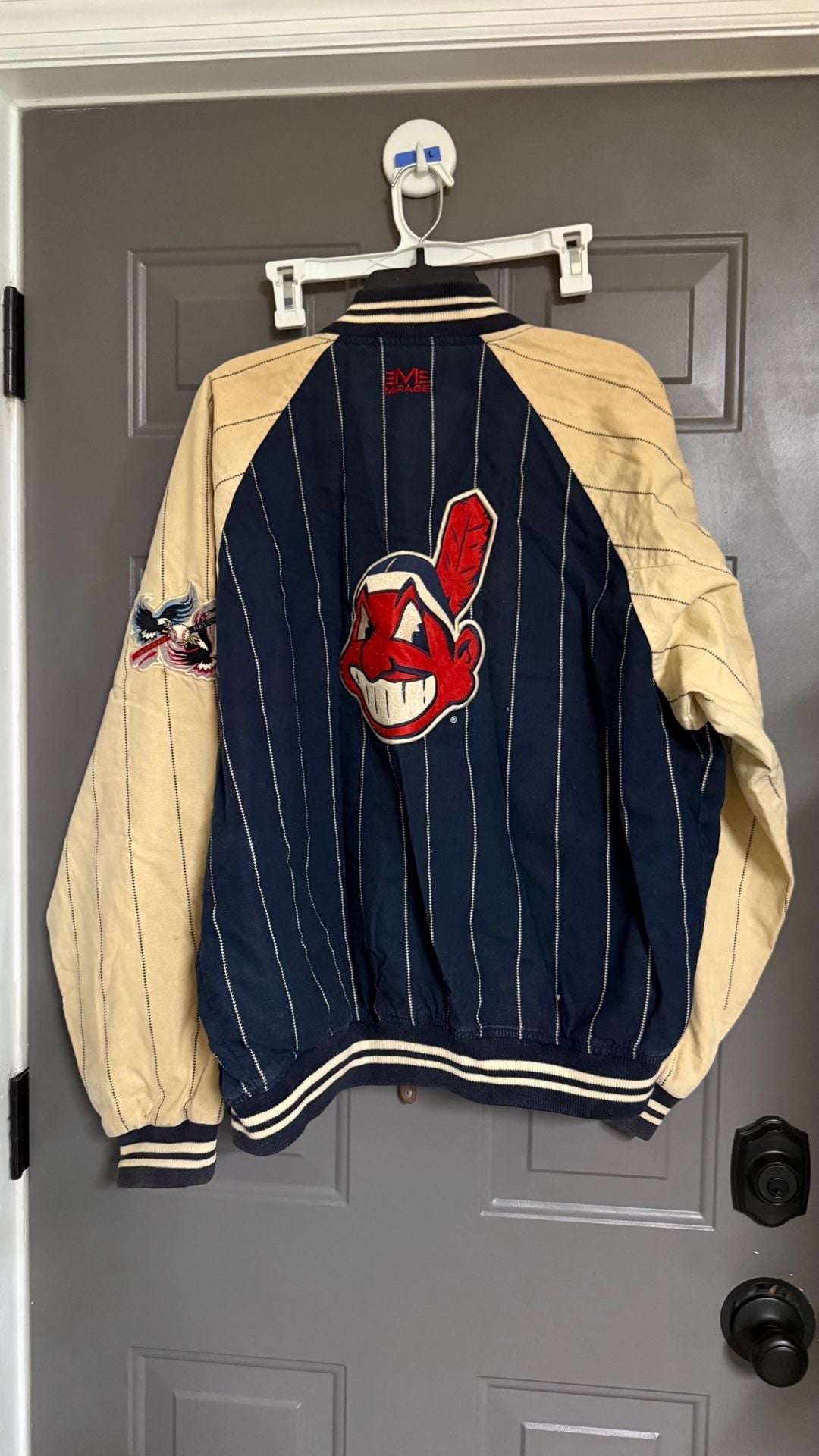 Vintage Mirage MLB Cleveland Indians Chief Wahoo Pinstripe Bomber Jacket 6