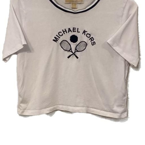 Michael Kors Women's White Tennis Racket Embroidered Crop T-Shirt