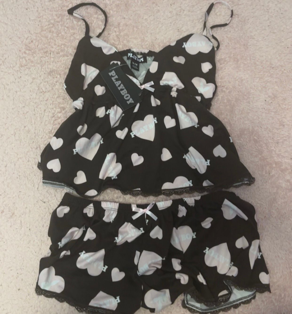 Playboy Brown and Pink Heart Logo Lace Trim Cami and Shorts Pajama Set 1