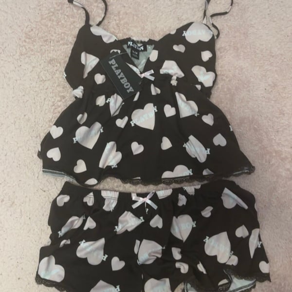 Playboy Brown and Pink Heart Logo Lace Trim Cami and Shorts Pajama Set