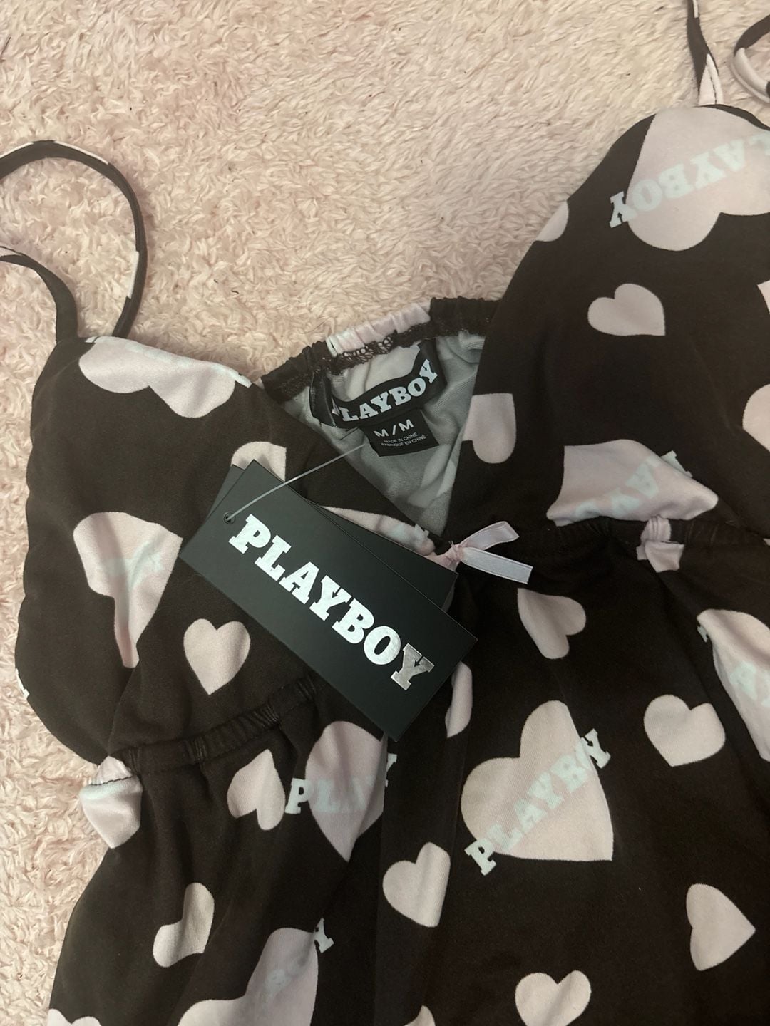 Playboy Brown and Pink Heart Logo Lace Trim Cami and Shorts Pajama Set 2