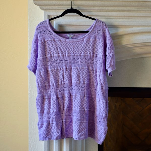 White Birch Lavender Pointelle Mixed Knit Short Sleeve Sweater Take