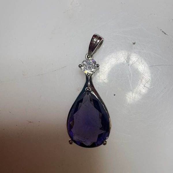 Sterling Silver 925 Pear Cut Amethyst and Cubic Zirconia Filigree Pendant