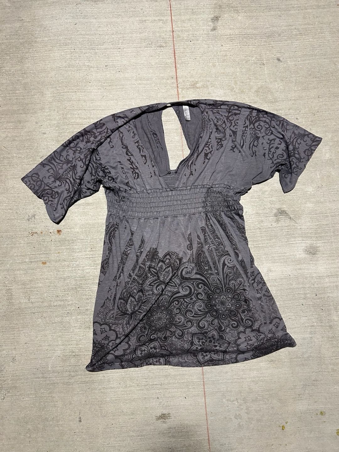 Y2K Joy Gray Paisley Print Smocked Waist Boho Tunic Top 2