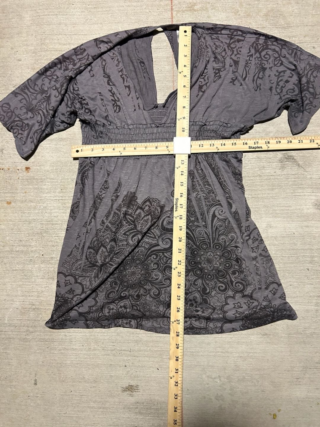Y2K Joy Gray Paisley Print Smocked Waist Boho Tunic Top 3