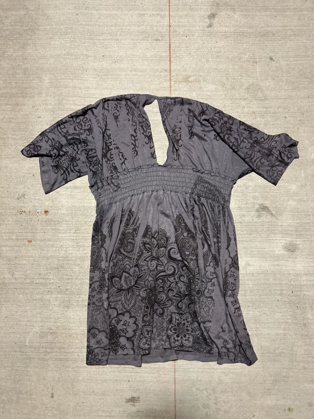 Y2K Joy Gray Paisley Print Smocked Waist Boho Tunic Top 5