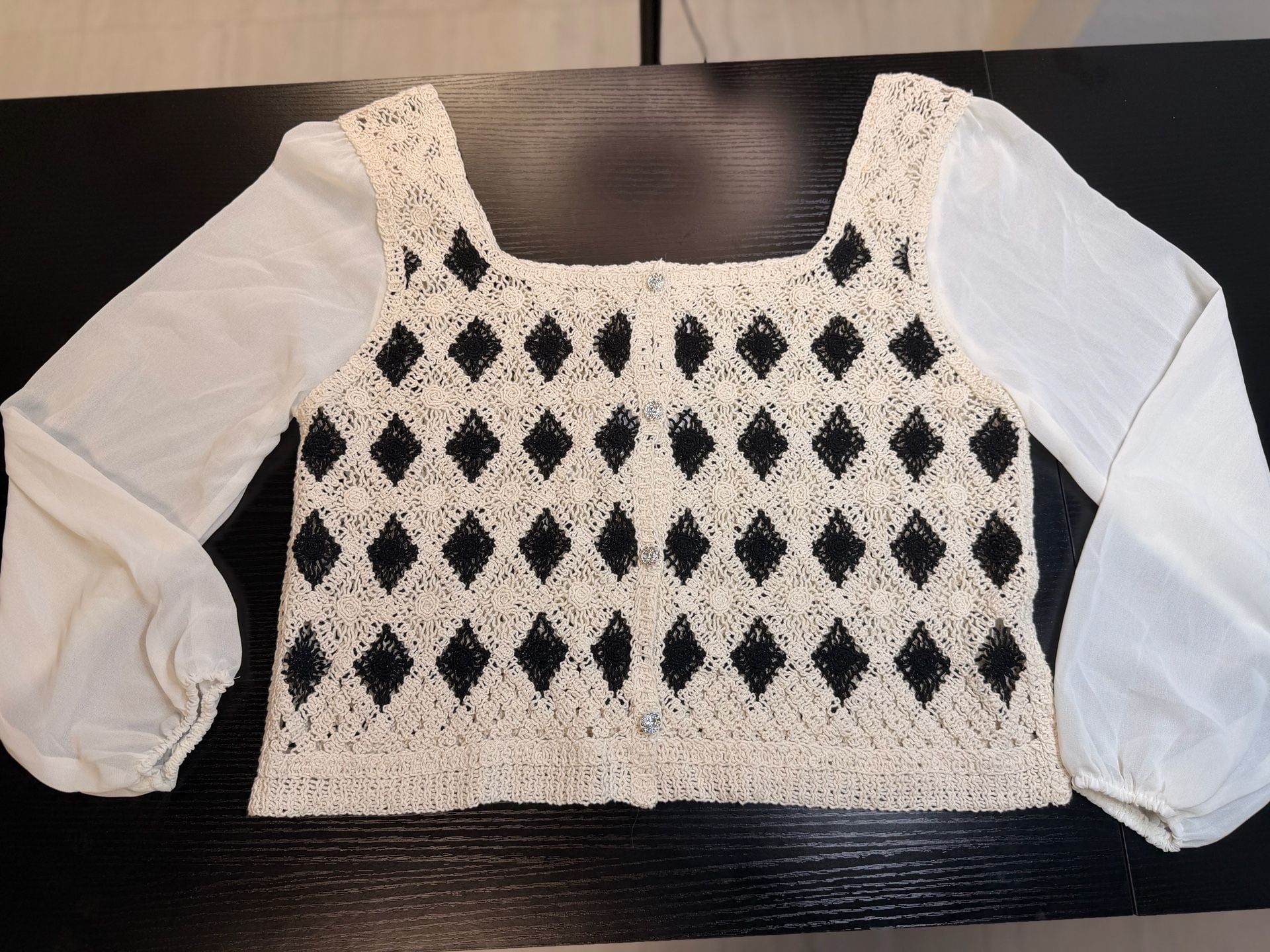 LOLA Crochet Diamond Knit Blouse with Sheer Chiffon Sleeves 2