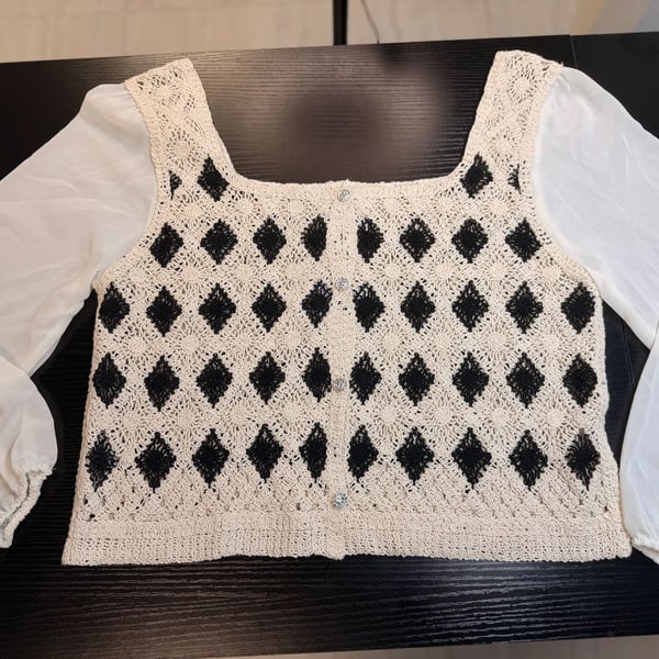 LOLA Crochet Diamond Knit Blouse with Sheer Chiffon Sleeves