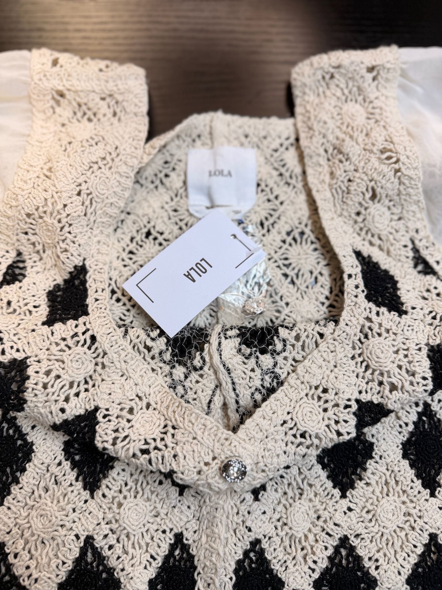 LOLA Crochet Diamond Knit Blouse with Sheer Chiffon Sleeves 3