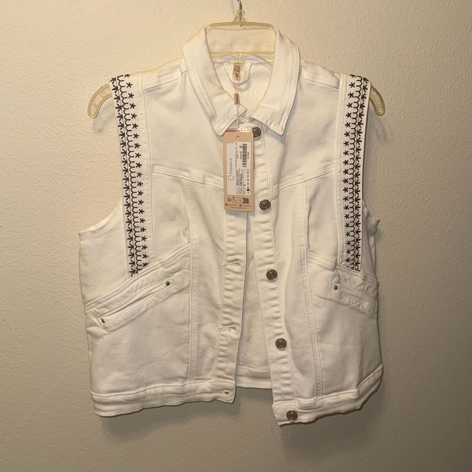 Esqualo Off-White Embroidered Denim Vest, Coastal Cowgirl, Boho Festival Ready 2