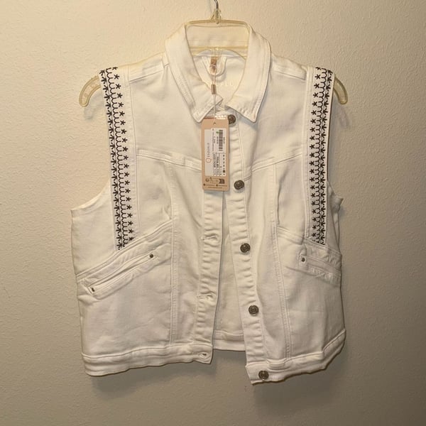 Esqualo Off-White Embroidered Denim Vest, Coastal Cowgirl, Boho Festival Ready