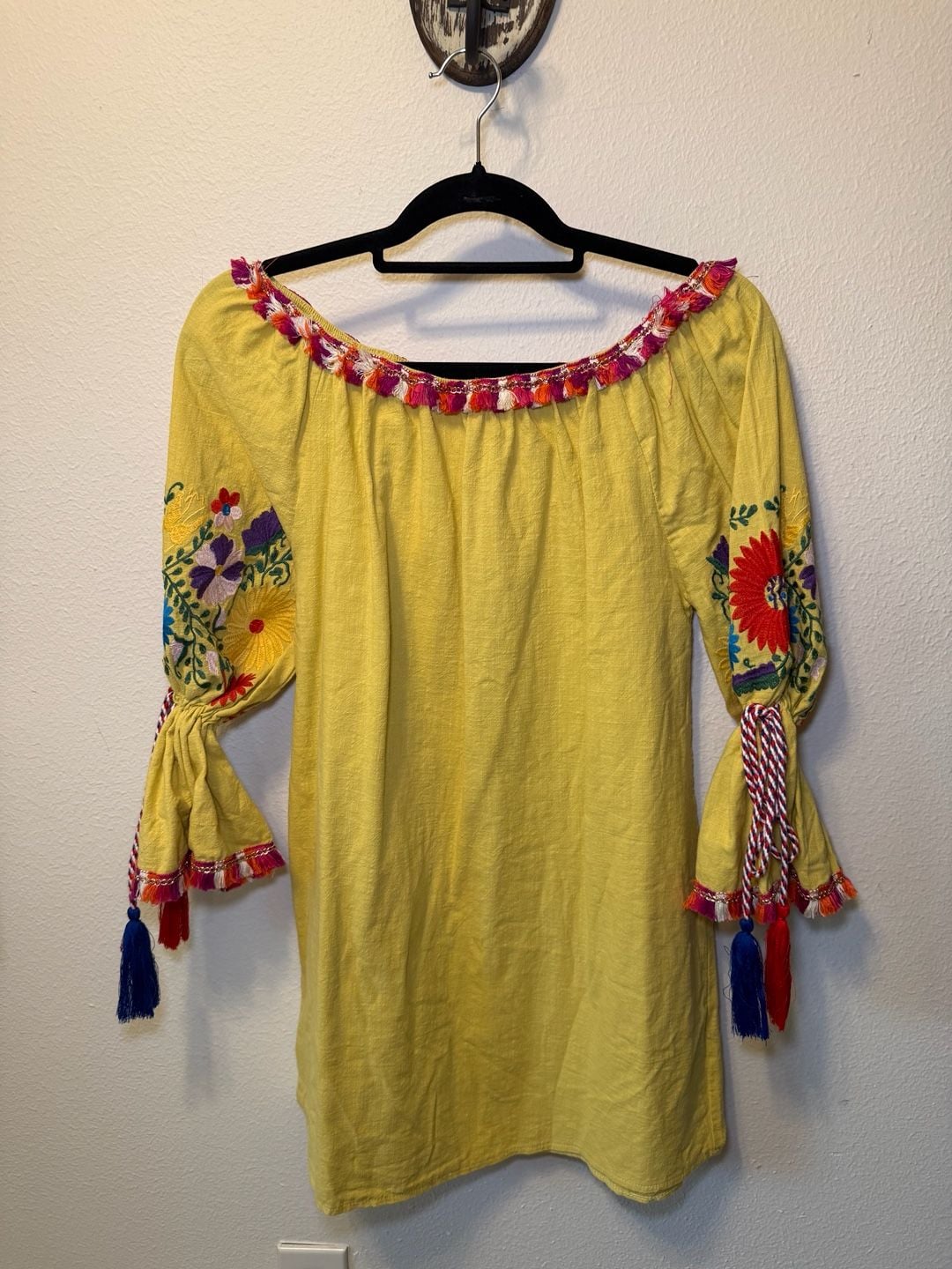 Velzera Yellow Cotton Embroidered Off-Shoulder Tassel Mini Dress, Bohemian Festival Ready 2