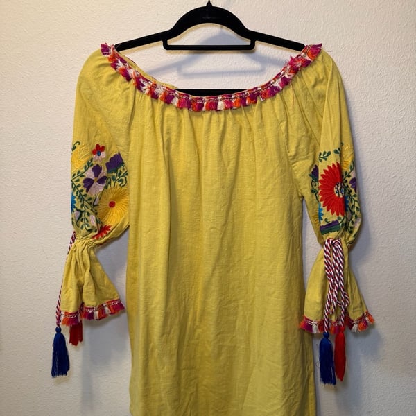 Velzera Yellow Cotton Embroidered Off-Shoulder Tassel Mini Dress, Bohemian Festival Ready