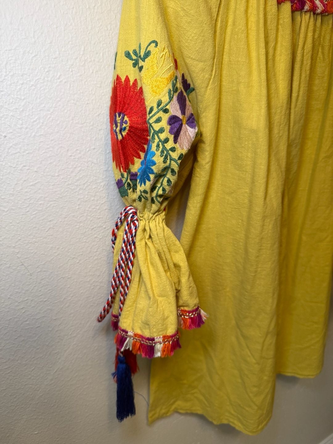 Velzera Yellow Cotton Embroidered Off-Shoulder Tassel Mini Dress, Bohemian Festival Ready 3