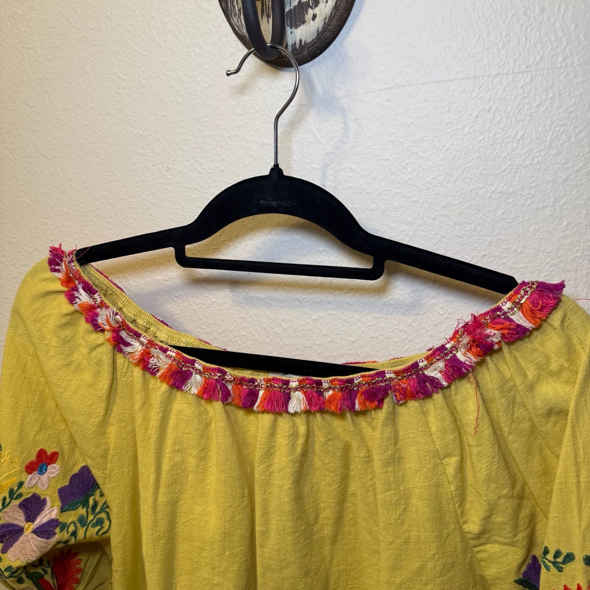 Velzera Yellow Cotton Embroidered Off-Shoulder Tassel Mini Dress, Bohemian Festival Ready 4