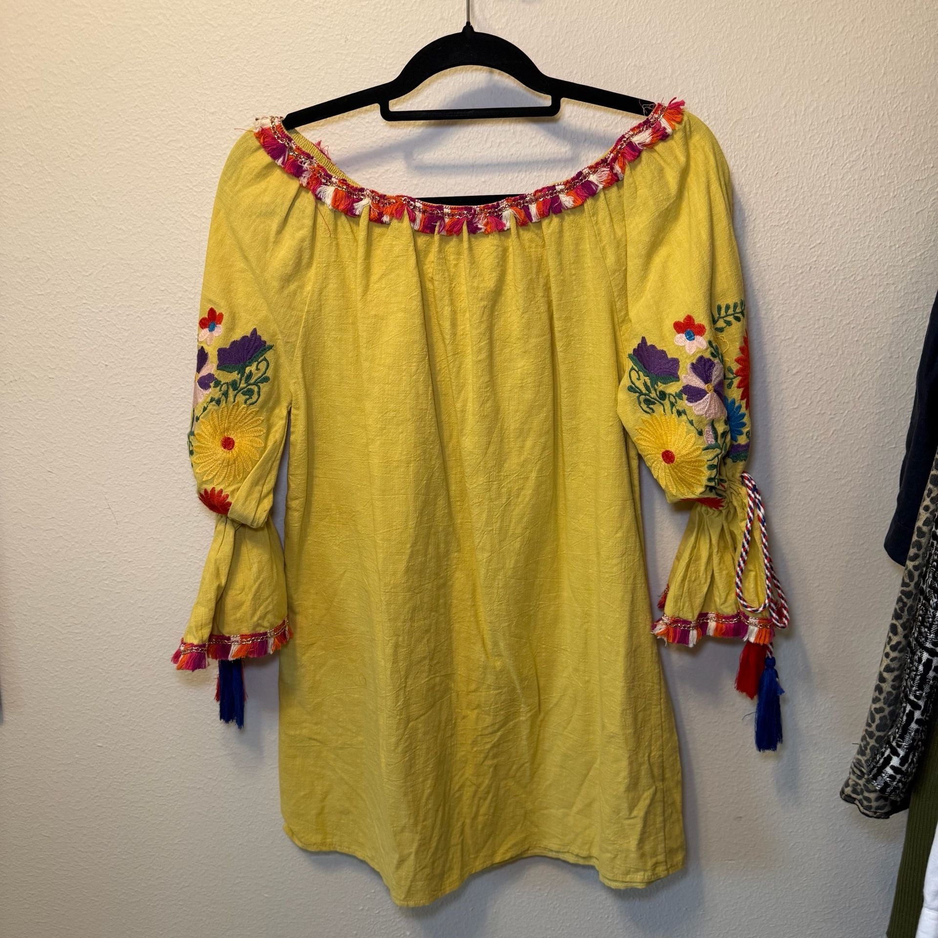 Velzera Yellow Cotton Embroidered Off-Shoulder Tassel Mini Dress, Bohemian Festival Ready 6