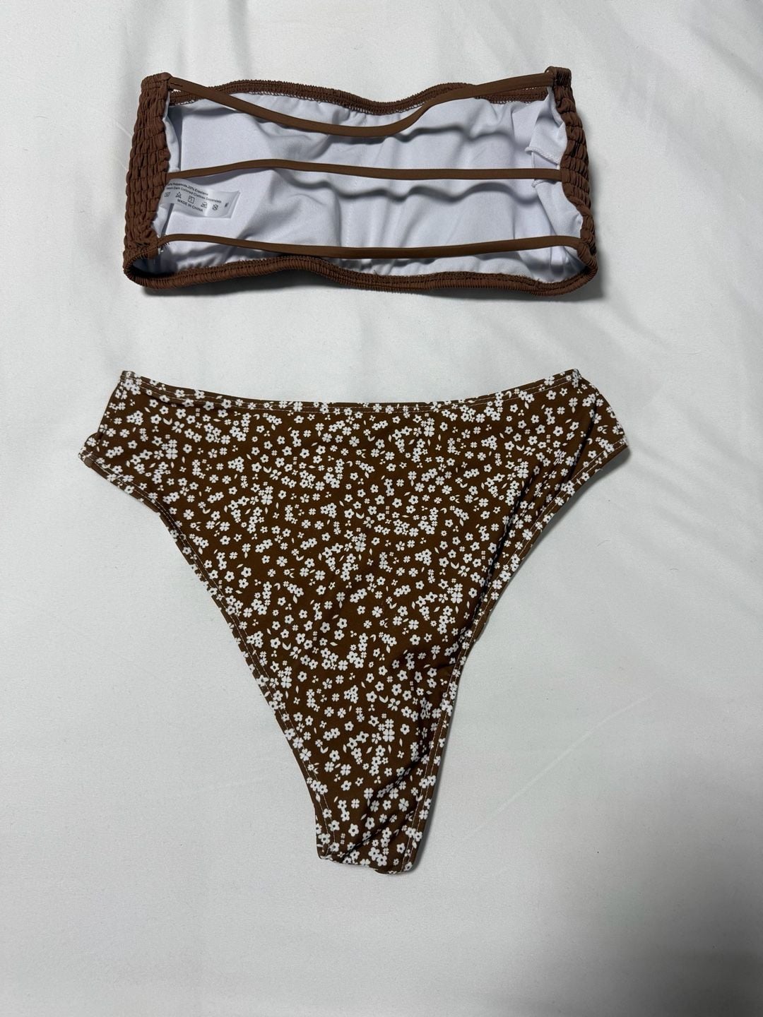 Brown Smocked Bandeau Bikini with Floral Print Bottoms Set 2