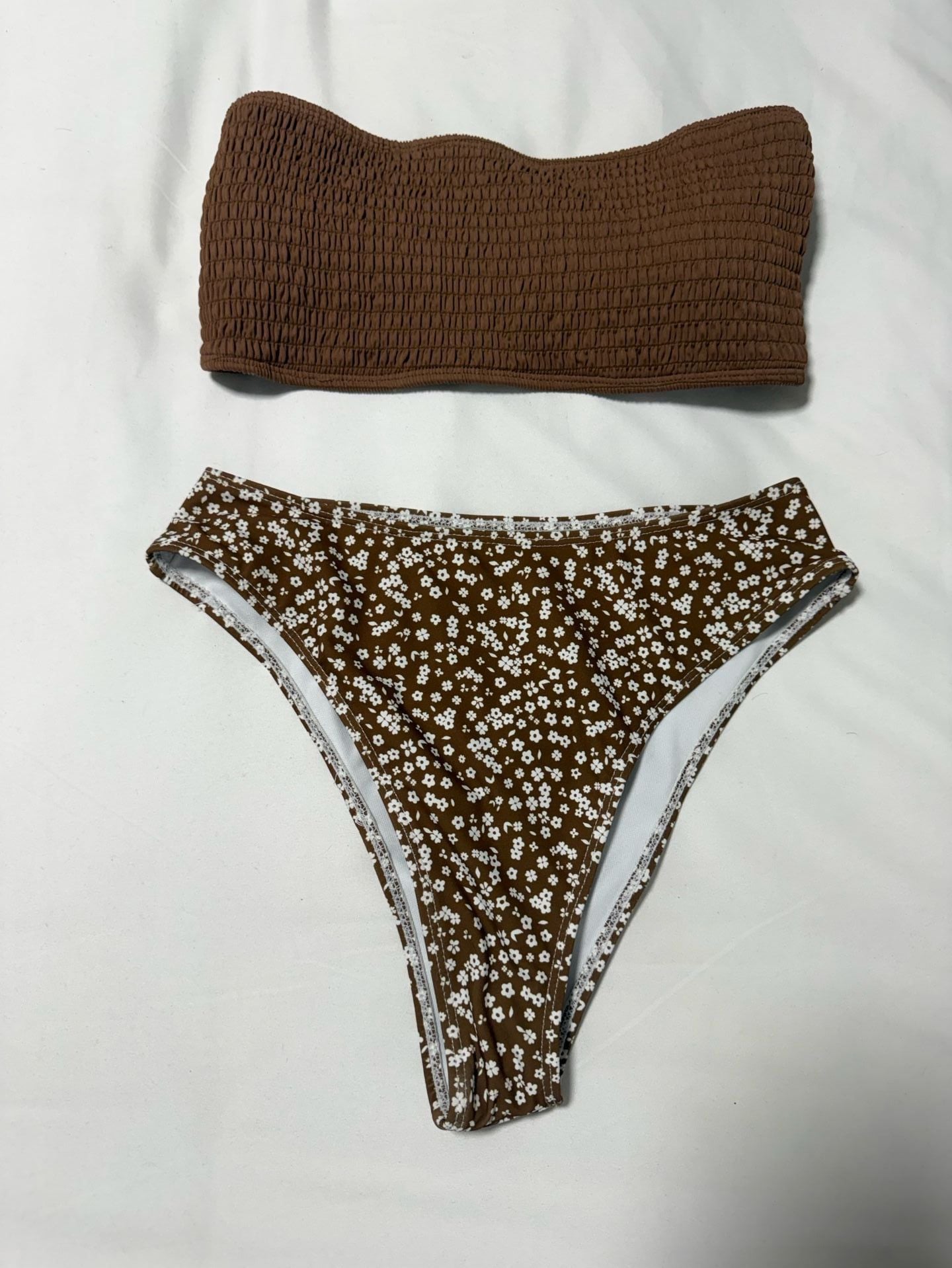 Brown Smocked Bandeau Bikini with Floral Print Bottoms Set 1