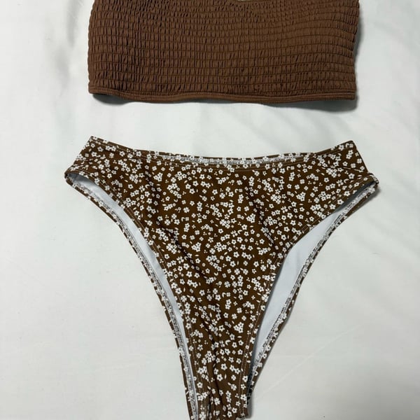 Brown Smocked Bandeau Bikini with Floral Print Bottoms Set