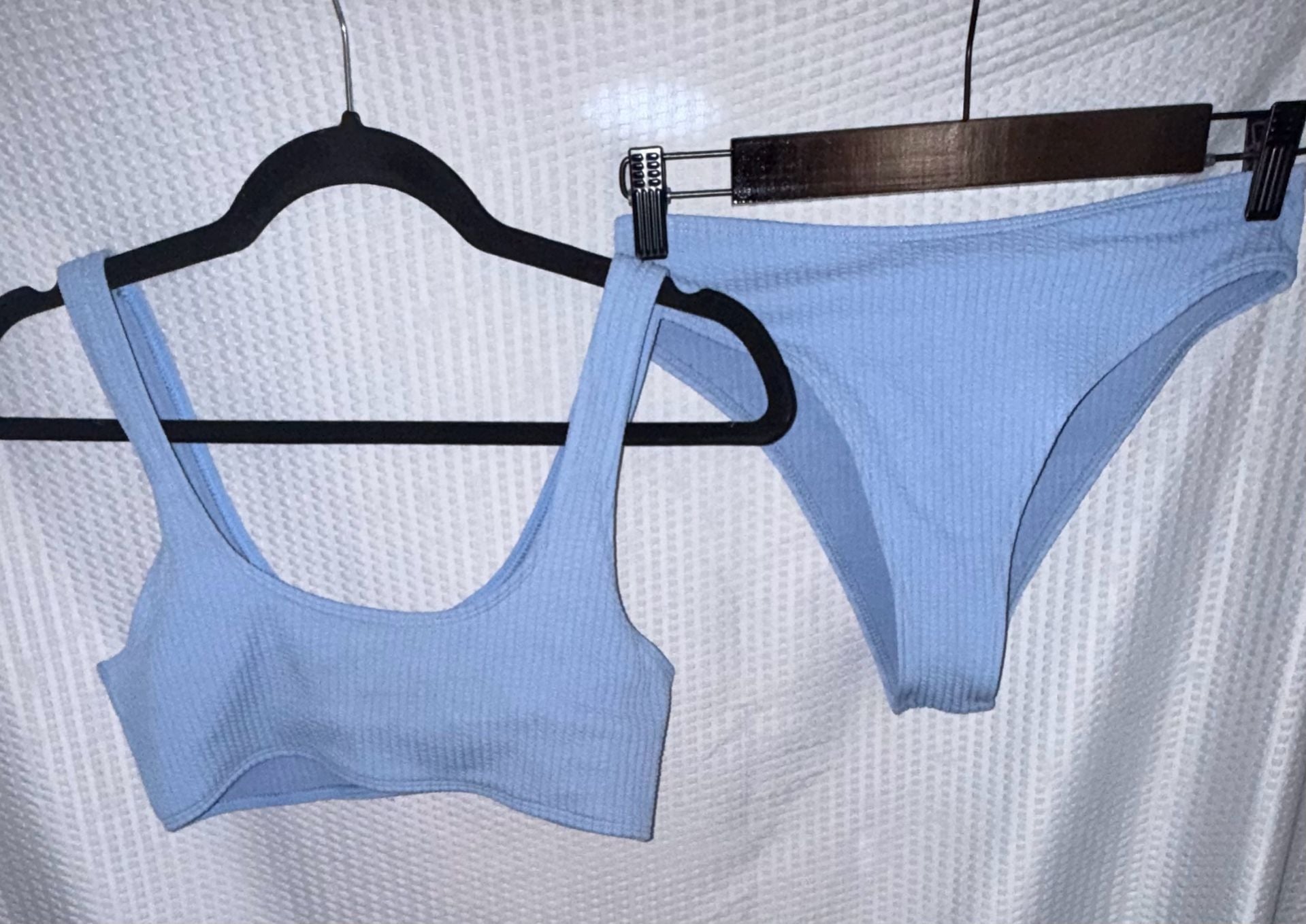 Zaful Light Blue Ribbed Texture Scoop Neck Bikini Set 1