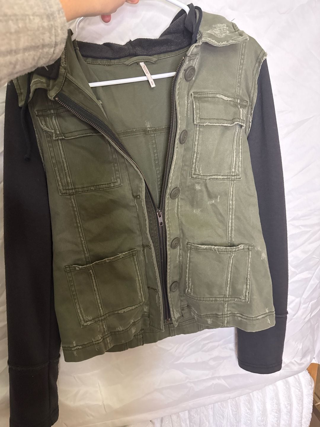 Free People Mixed Media Denim Utility Jacket with Contrast Hoodie Sleeves 2