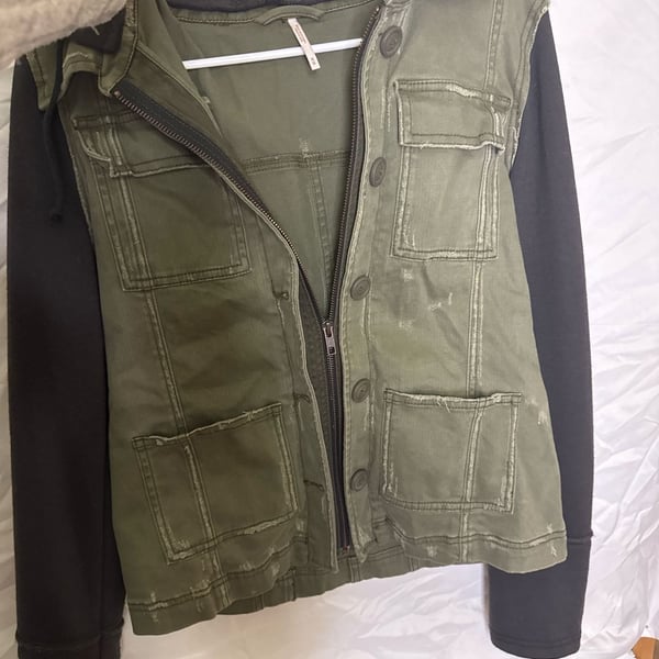 Free People Mixed Media Denim Utility Jacket with Contrast Hoodie Sleeves
