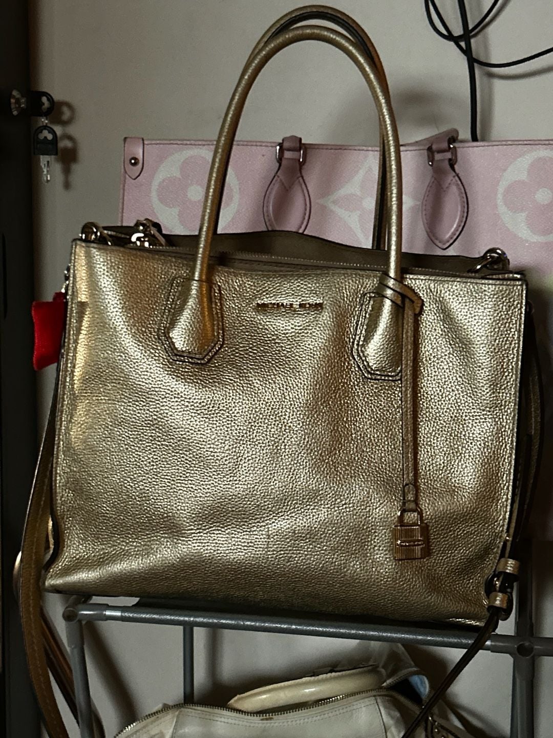 Michael Kors Mercer Large Metallic Leather Satchel in Gold 1