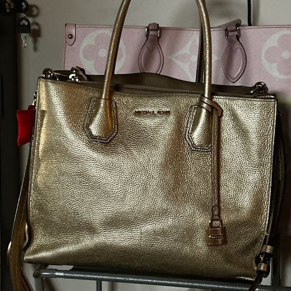 Michael Kors Mercer Large Metallic Leather Satchel in Gold