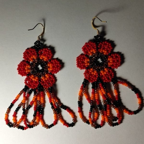 Handmade Beaded Red and Orange Floral Fringe Dangle Earrings
