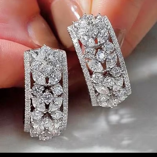 Floral Marquise and Round Cut Diamond Cluster Hoop Earrings in 14K White Gold Finish