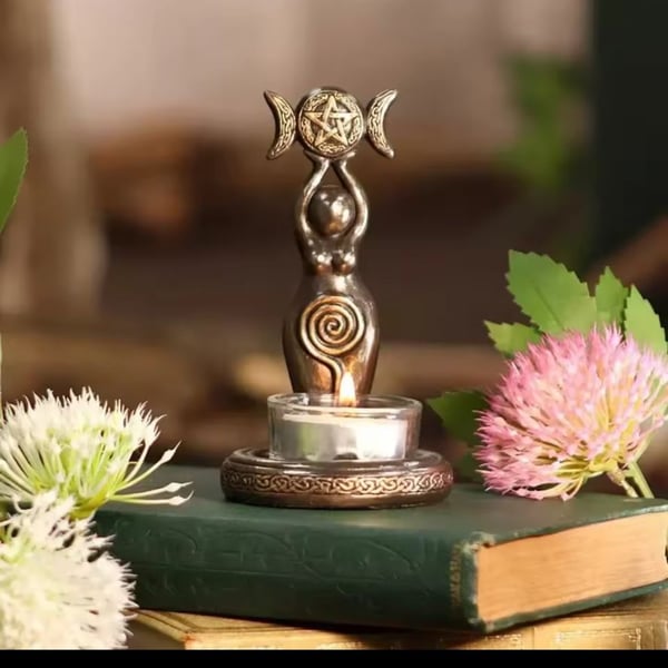 Veronese Design Bronze Triple Moon Mother Earth Goddess Pentagram Tea Light Candle Holder