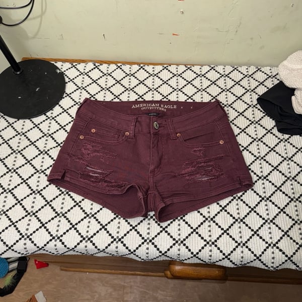 American Eagle Outfitters Shortie Maroon Distressed Denim Shorts