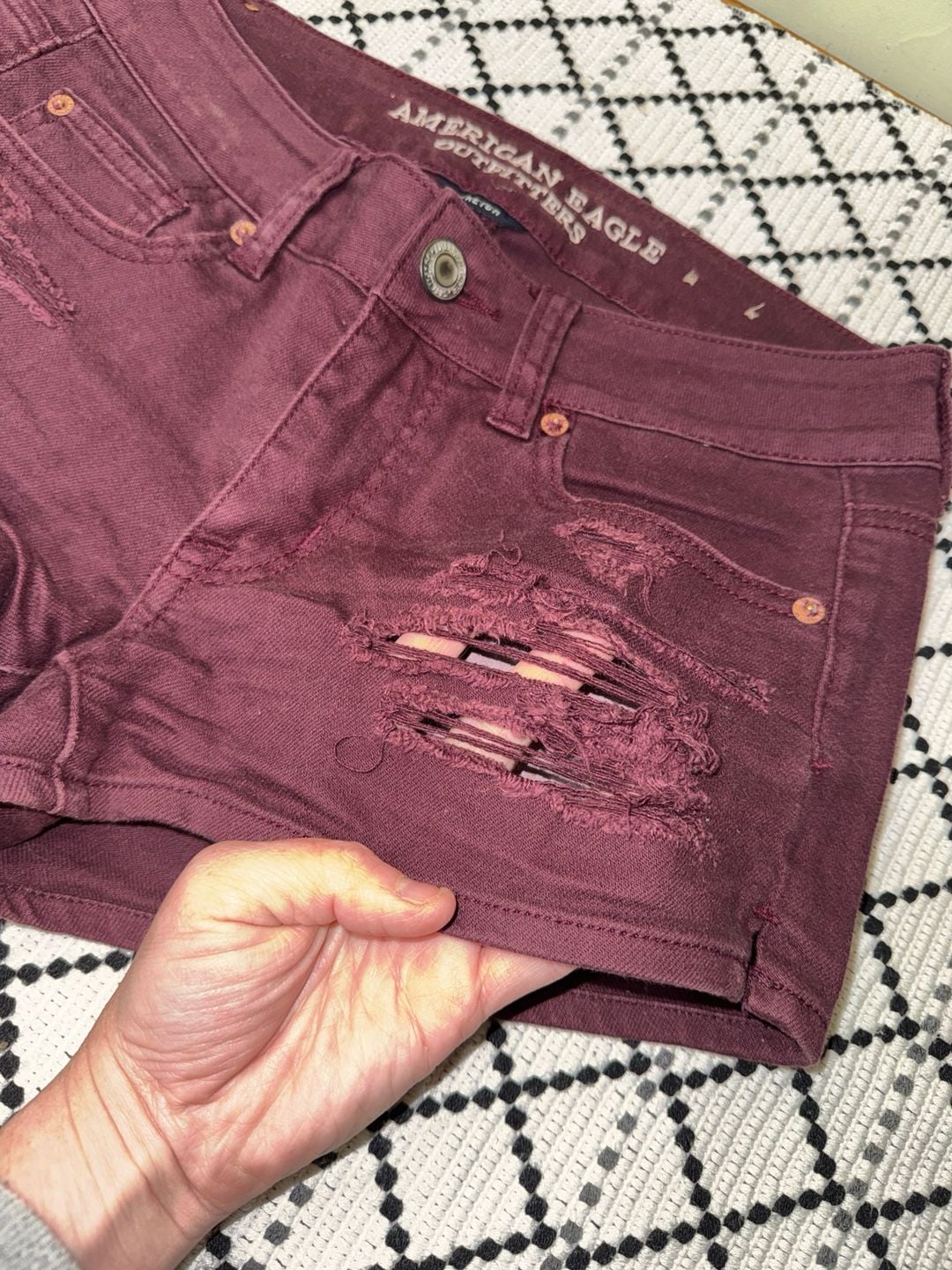 American Eagle Outfitters Shortie Maroon Distressed Denim Shorts 3