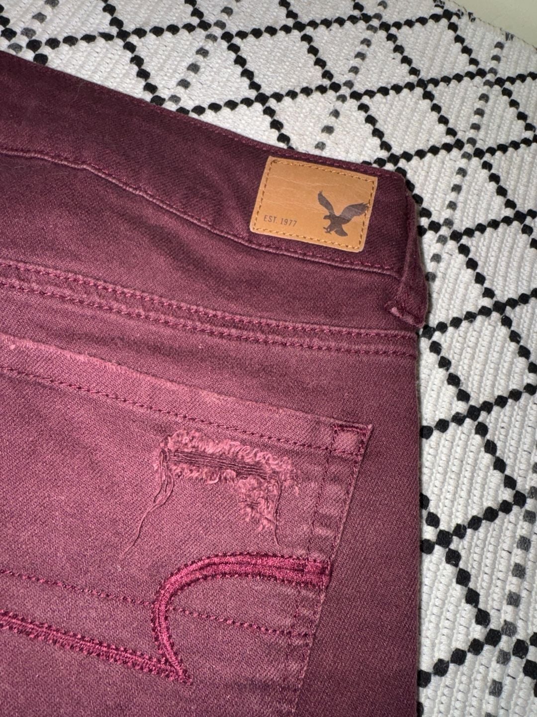American Eagle Outfitters Shortie Maroon Distressed Denim Shorts 8