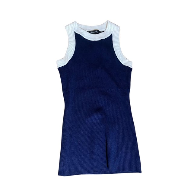 Zesica Navy Blue Ribbed Knit Sleeveless Tank Top with White Trim, Size S