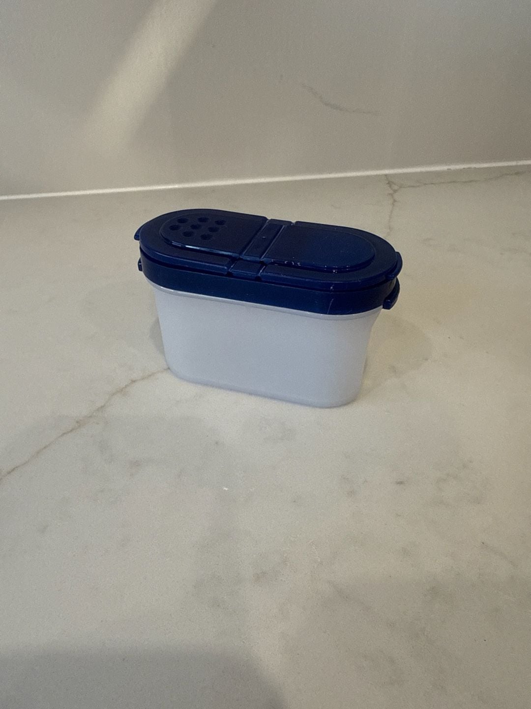 Tupperware Small Spice Shaker Container 1/2 Cup with Blue Dual Flip Lid 1