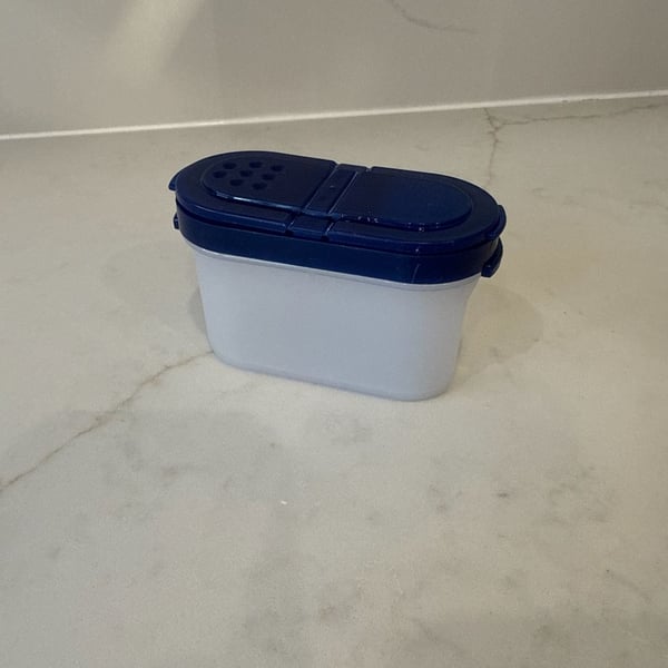Tupperware Small Spice Shaker Container 1/2 Cup with Blue Dual Flip Lid