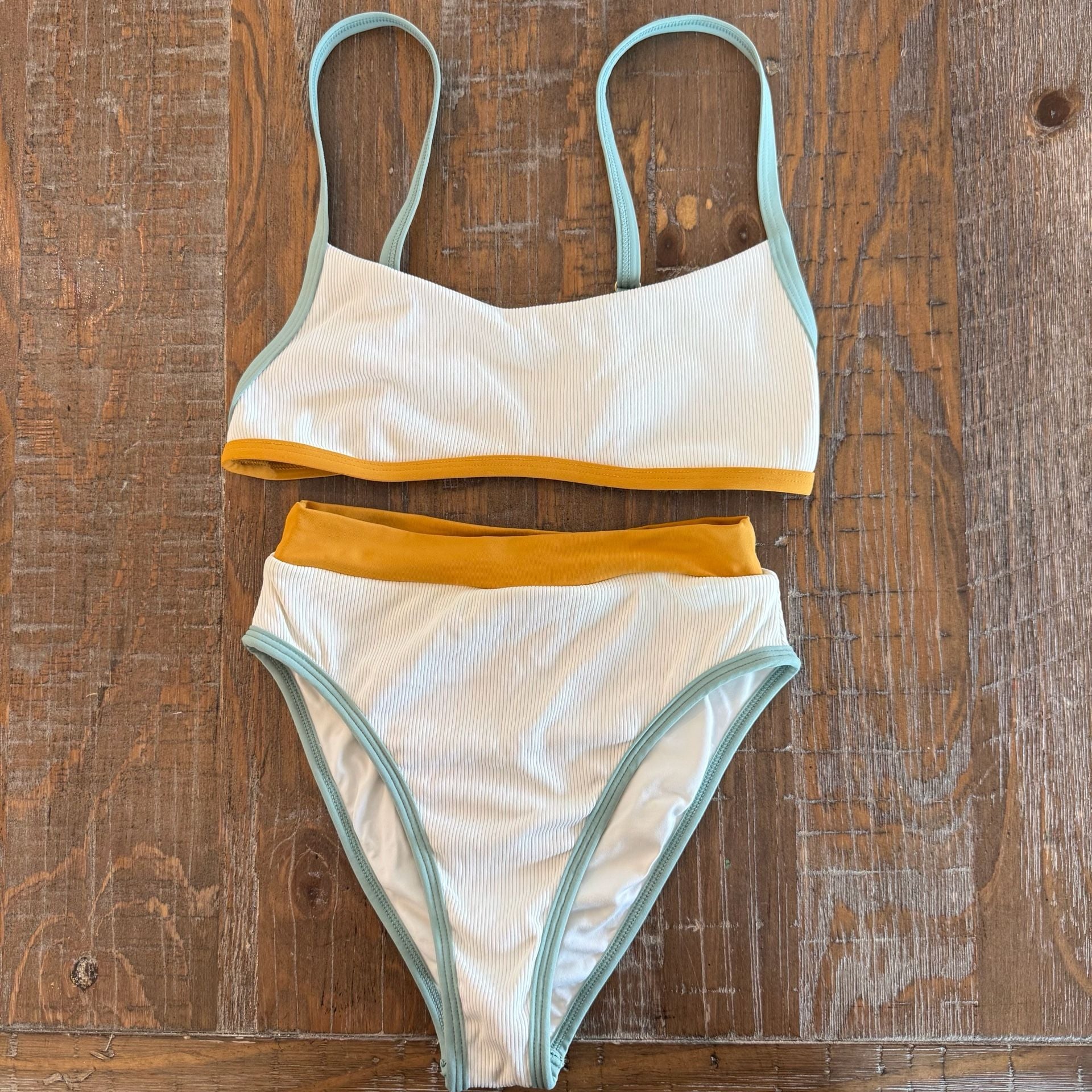 L*SPACE Ringo Top and High Waist Bottom Ribbed Colorblock Bikini Set, Size XS 1